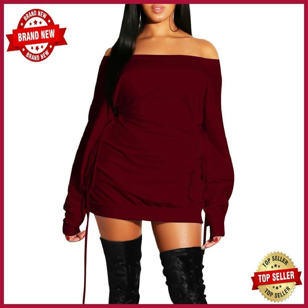 Off Shoulder Lace Up Mini Dress Long Sleeve Loose Fit Night Out